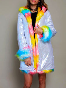 White Shiny Rainbow Faux Fur Coat