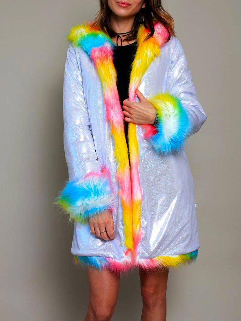 White Shiny Rainbow Faux Fur Coat