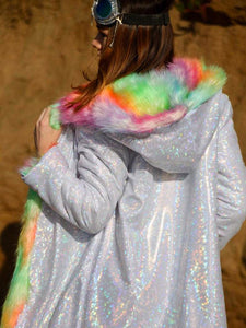 White Shiny Rainbow Faux Fur Coat