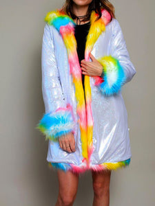 White Shiny Rainbow Faux Fur Coat